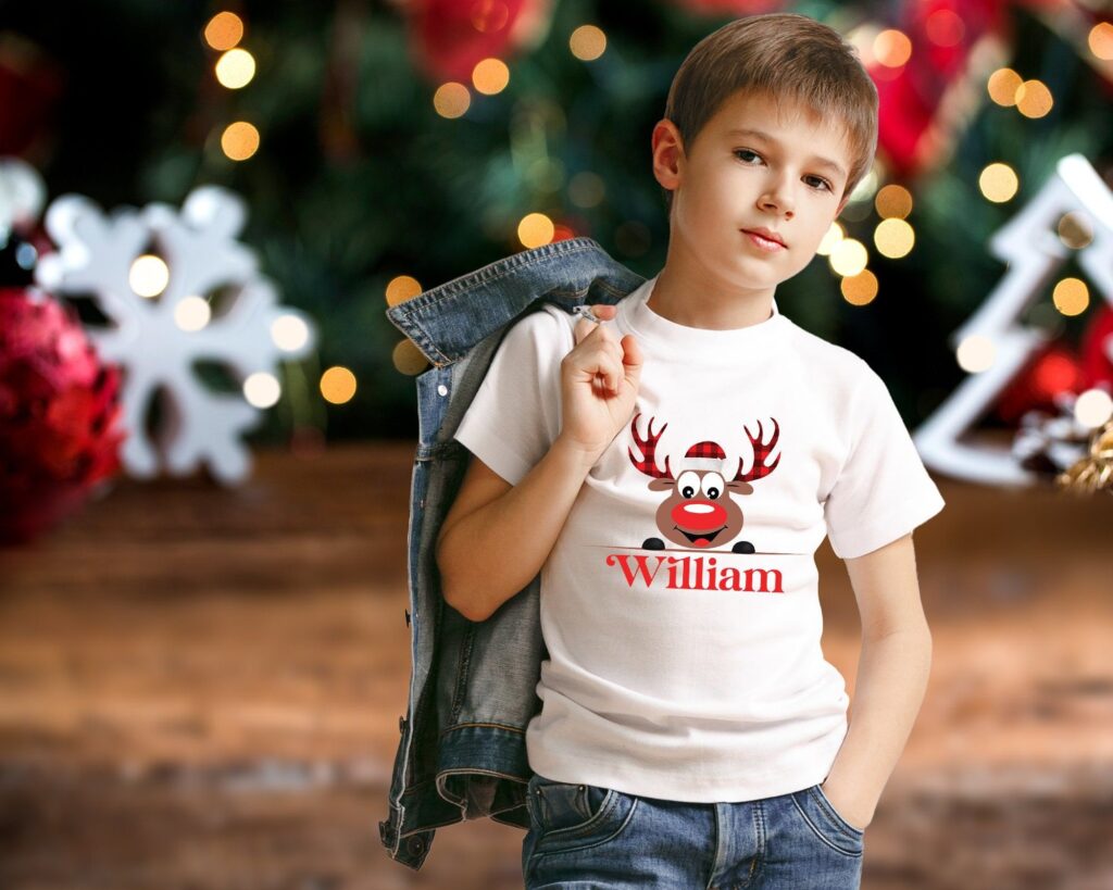Christmas-themed shirts for kids.